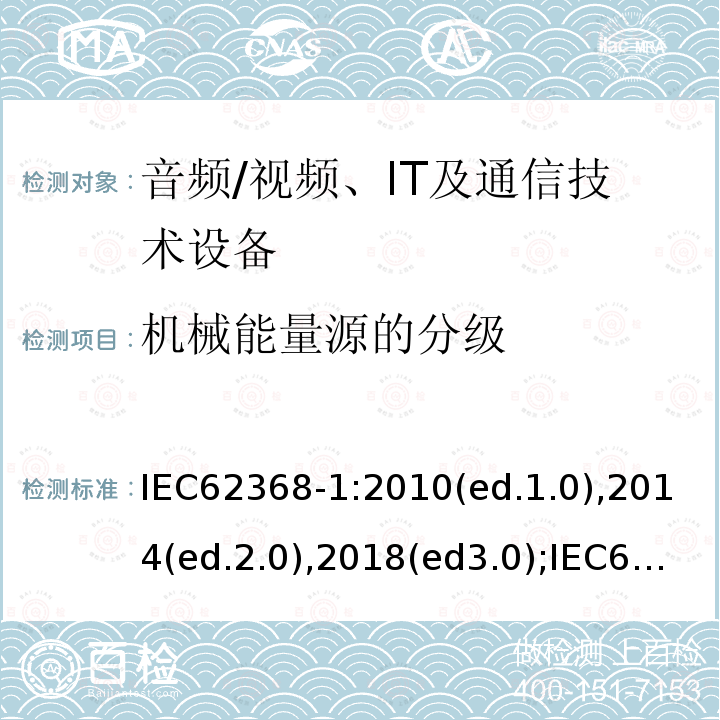 机械能量源的分级 音频/视频，信息和通信技术设备 - 第1部分：安全要求
