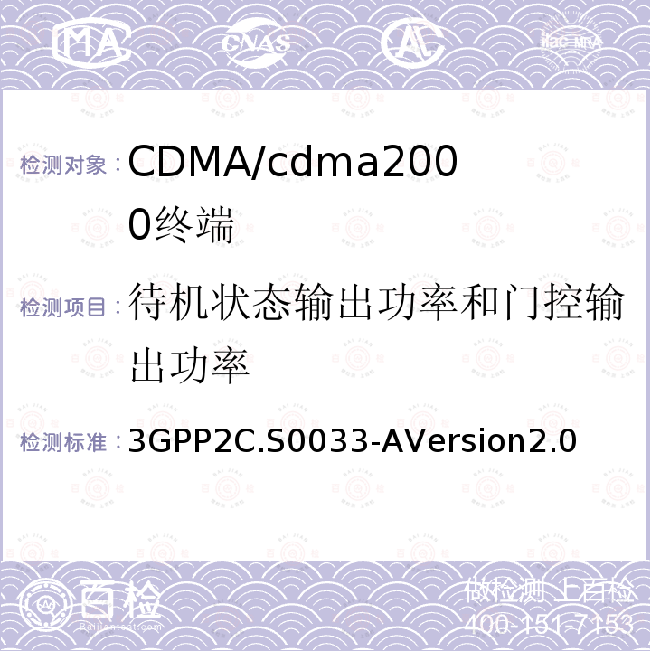 待机状态输出功率和门控输出功率 3GPP2C.S0033-AVersion2.0 cdma2000高速率分组数据接入终端的推荐最低性能标准