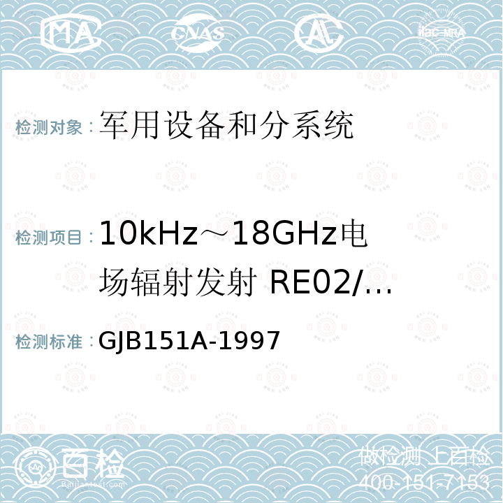 10kHz～18GHz电场辐射发射 RE02/RE102 军用设备和分系统电磁发射和敏感度要求