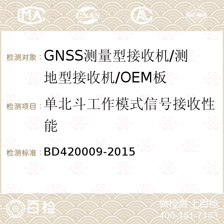 单北斗工作模式信号接收性能 BD420009-2015 北斗/全球卫星导航系统（GNSS)测量型接收机通用规范