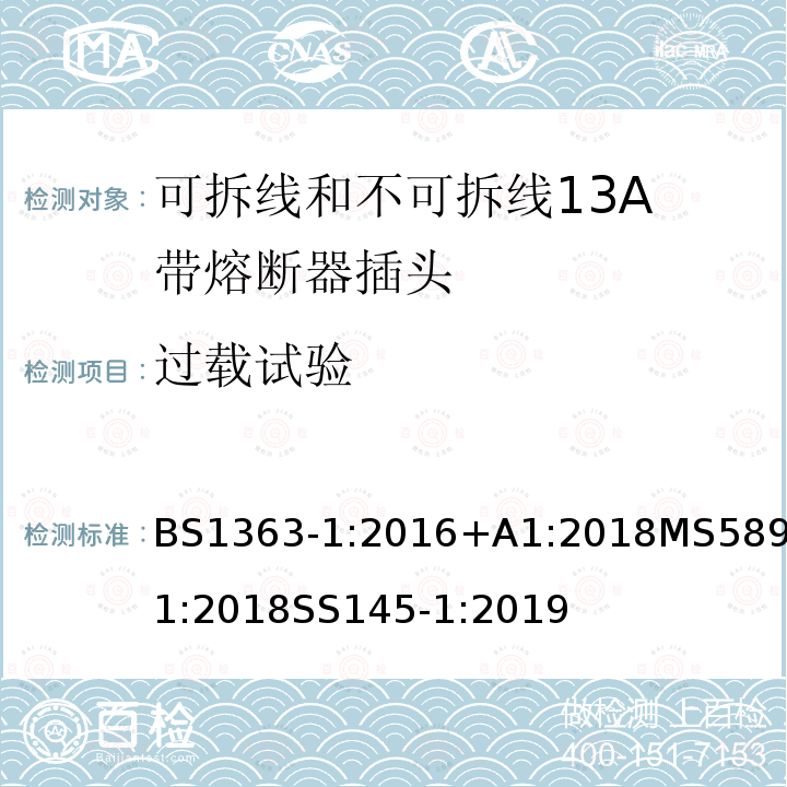 过载试验 插头、插座、转换器和连接单元 第1部分可拆线和不可拆线13A 带熔断器插头的规范