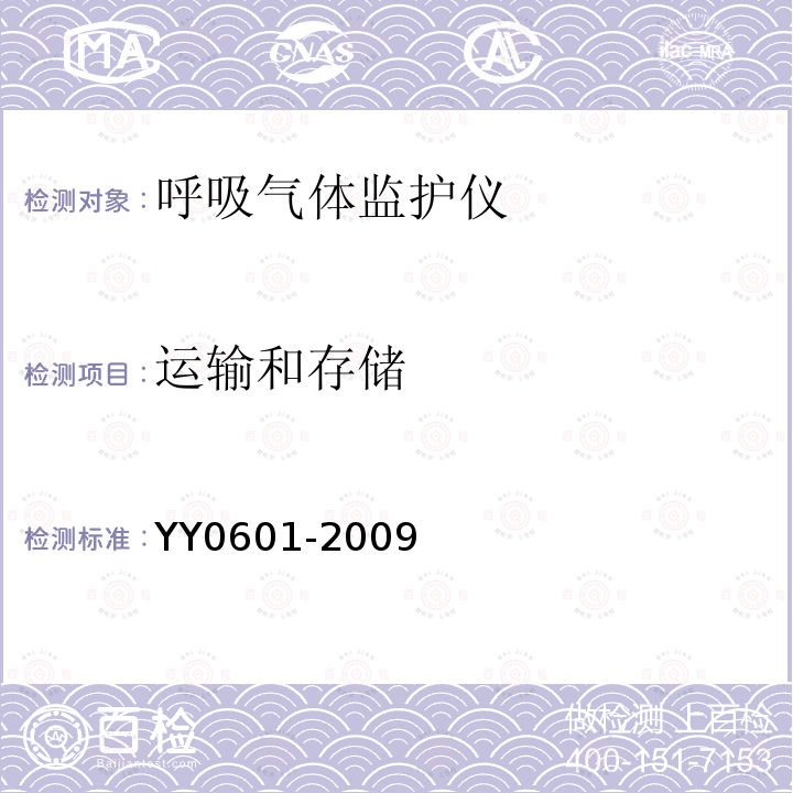 运输和存储 YY 0601-2009 医用电气设备 呼吸气体监护仪的基本安全和主要性能专用要求