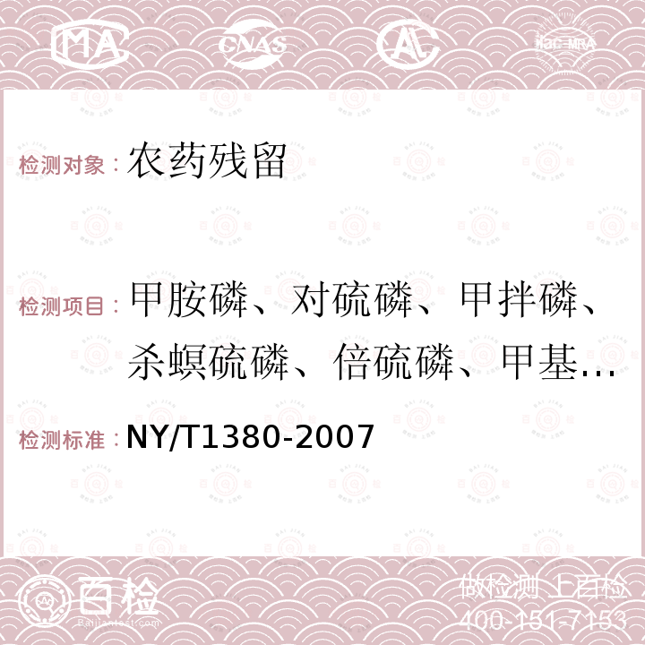 甲胺磷、对硫磷、甲拌磷、杀螟硫磷、倍硫磷、甲基对硫磷、马拉硫磷、乙酰甲胺磷、三唑磷、乐果、氧乐果、氯氰菊酯、溴氰菊酯、氰戊菊酯（含S-氰戊菊酯）、氯菊酯、毒死蜱、六六六、滴滴涕、五氯硝基苯、三唑酮、异菌脲、二嗪磷、亚胺硫磷、伏杀硫磷、甲氰菊酯、三氯杀螨醇、乙烯菌核利 NY/T 1380-2007 蔬菜、水果中51种农药多残留的测定气相色谱质谱法