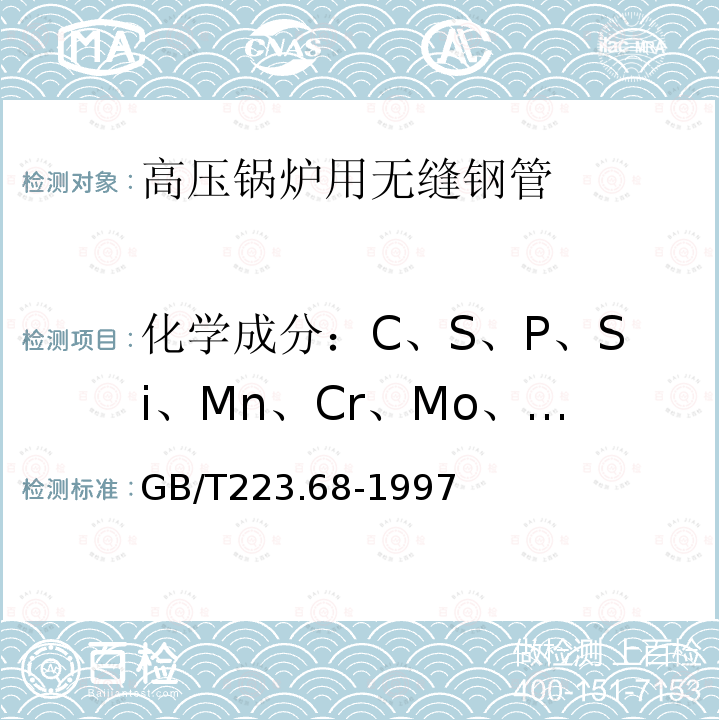 化学成分：C、S、P、Si、Mn、Cr、Mo、V、Ni、W GB/T 223.68-1997 钢铁及合金化学分析方法 管式炉内燃烧后碘酸钾滴定法 测定硫含量