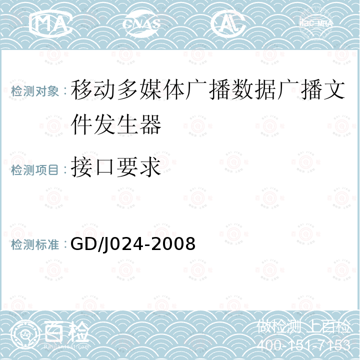 接口要求 GD/J024-2008 移动多媒体广播数据广播文件发生器与XPE封装机技术要求和测量方法