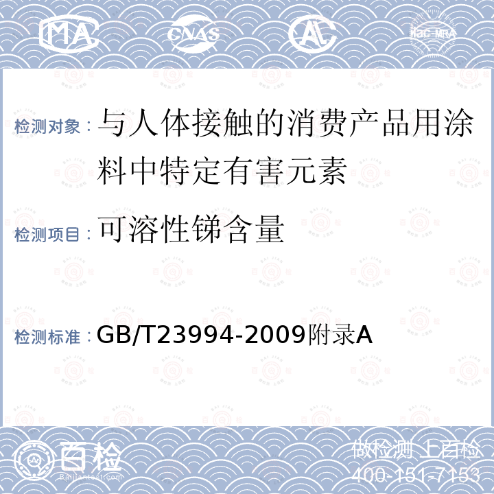 可溶性锑含量 与人体接触的消费产品用涂料中特定有害元素限量