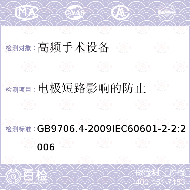 电极短路影响的防止 医用电气设备 第2-2部分： 高频手术设备安全专用要求