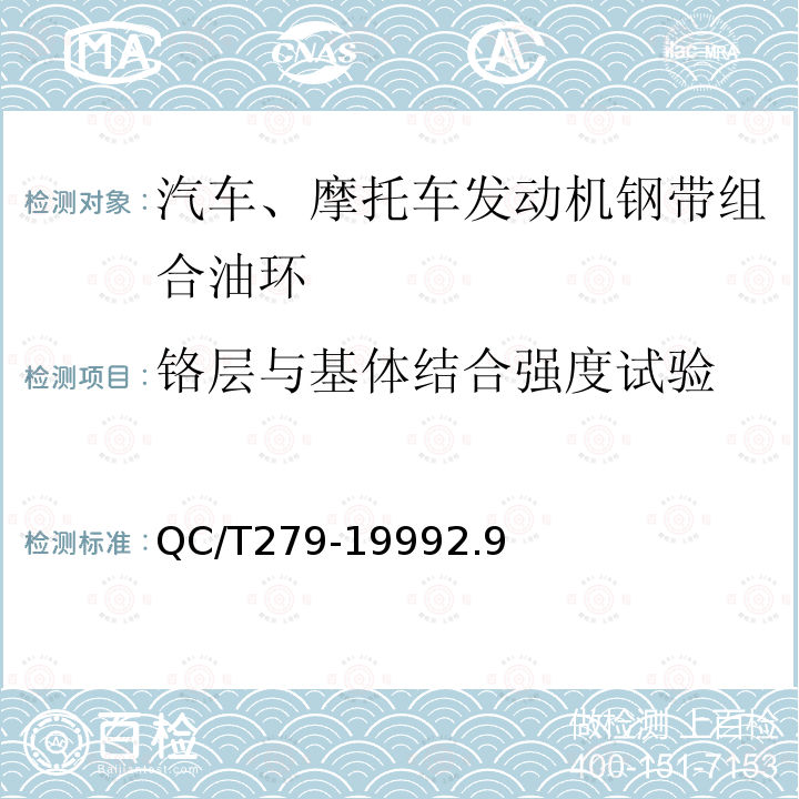 铬层与基体结合强度试验 QC/T 279-1999 汽车、摩托车发动机钢带组合油环技术条件