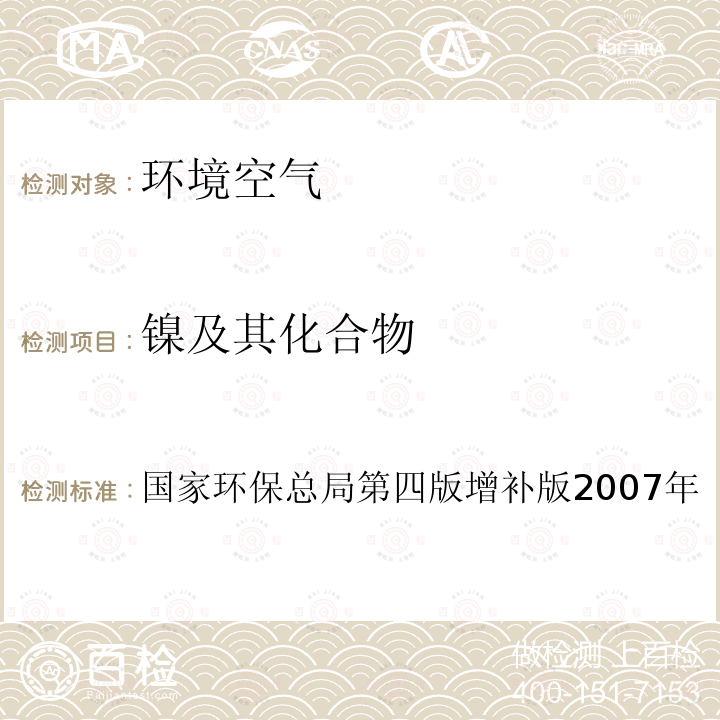 镍及其化合物 空气和废气监测分析方法（第四版增补版，国家环保总局，2007年） 第三篇 第二章 十二 原子吸收分光光度法(B)