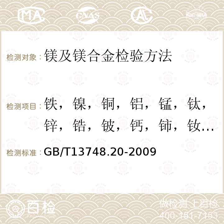 铁，镍，铜，铝，锰，钛，锌，锆，铍，钙，铈，钕，钇 镁及镁合金化学分析方法 第20部分：ICP-AES测定元素含量