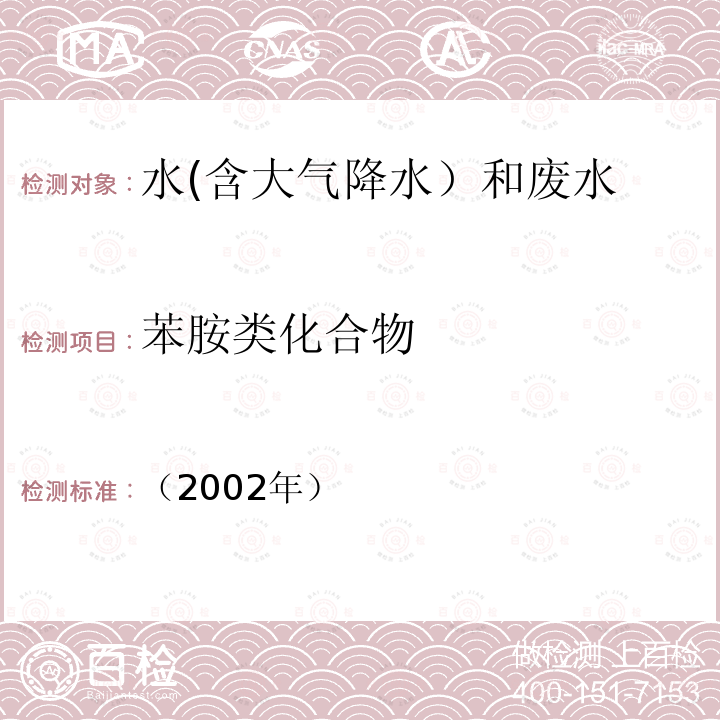 苯胺类化合物 液相色谱法 水和废水监测分析方法 （第四版）4.4.5；国家环境保护总局