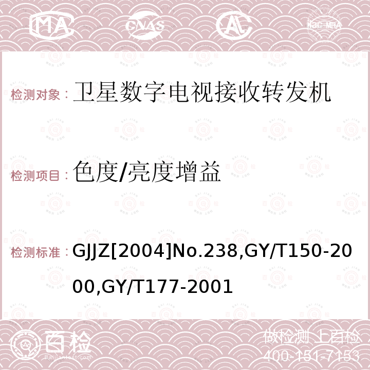 色度/亮度增益 关于发布卫星数字电视接收调制器等两种“村村通”用设备暂行技术要求的通知,
卫星数字电视接收站测量方法-室内单元测量,
电视发射机技术要求和测量方法