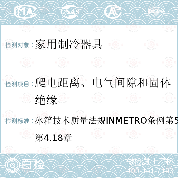 爬电距离、电气间隙和固体绝缘 冰箱技术质量法规INMETRO条例第577/2015号第4.18章 '040705