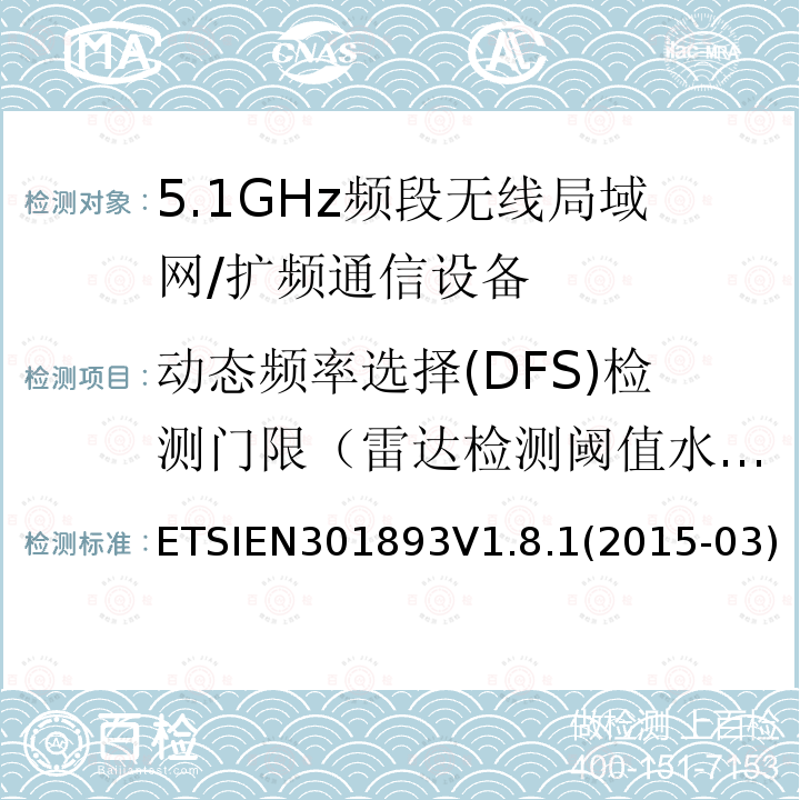 动态频率选择(DFS)检测门限（雷达检测阈值水平） ETSIEN301893V1.8.1(2015-03) 宽带无线接入网（BRAN）; 5 GHz高性能RLAN; 协调的EN，涵盖R＆TTE指令第3.2条的基本要求