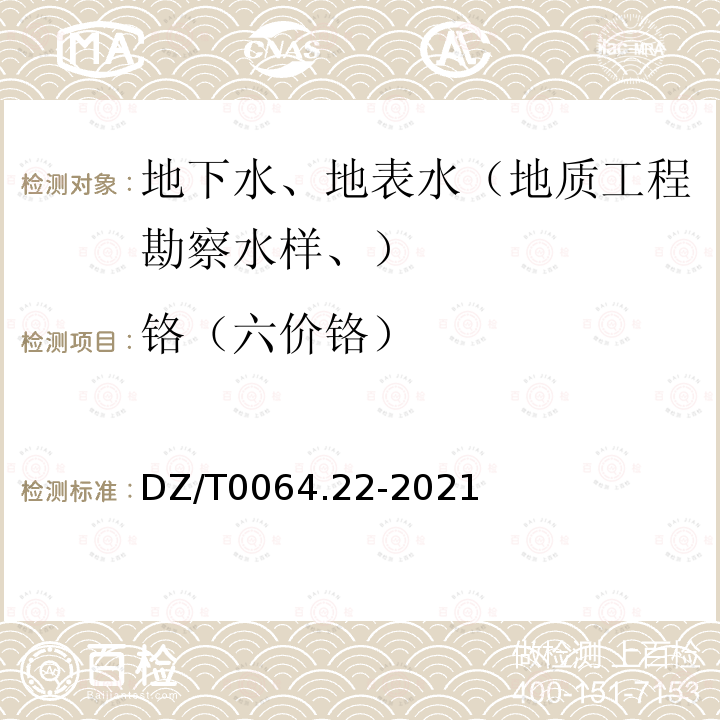 铬（六价铬） 地下水质分析方法 第22部分：铜、铅、锌、镉、锰、铬、镍、钴、钒、锡、 铍及钛量的测定 电感耦合等离子体发射光谱法