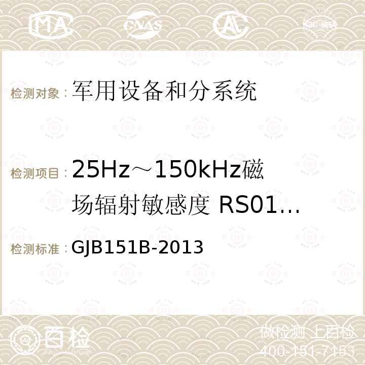 25Hz～150kHz磁场辐射敏感度 RS01/RS101 军用设备和分系统电磁发射和敏感度要求与测量