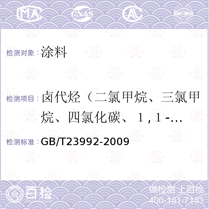 卤代烃（二氯甲烷、三氯甲烷、四氯化碳、１,１-二氯乙烷、１,２-二氯乙烷、１,１,１-三氯乙烷、１,１,２-三氯乙烷、１,２-二氯丙烷、１,２,３-三氯丙烷、三氯乙烯、四氯乙烯） 涂料中氯代烃含量的测定 气相色谱法