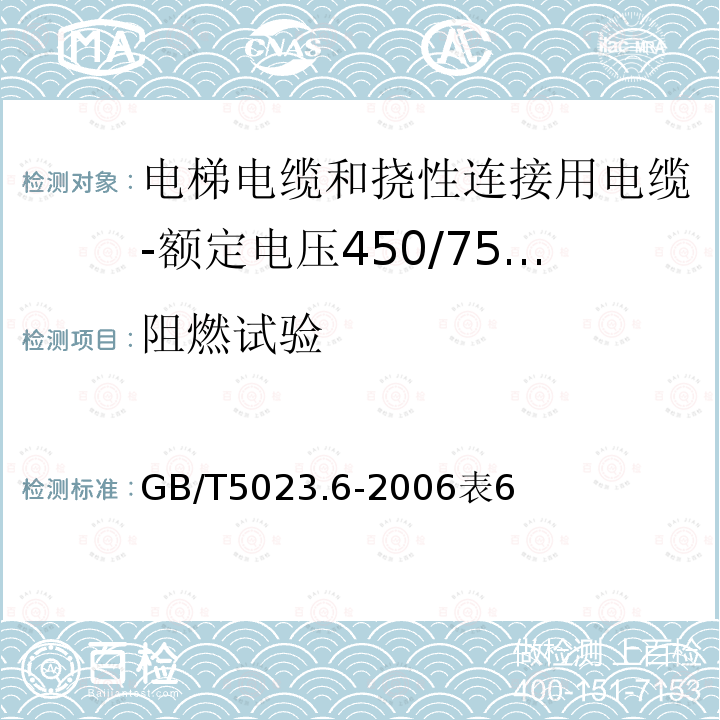 阻燃试验 额定电压450/750V及以下聚氯乙烯绝缘电缆 第6部分:电梯电缆和挠性连接用电缆