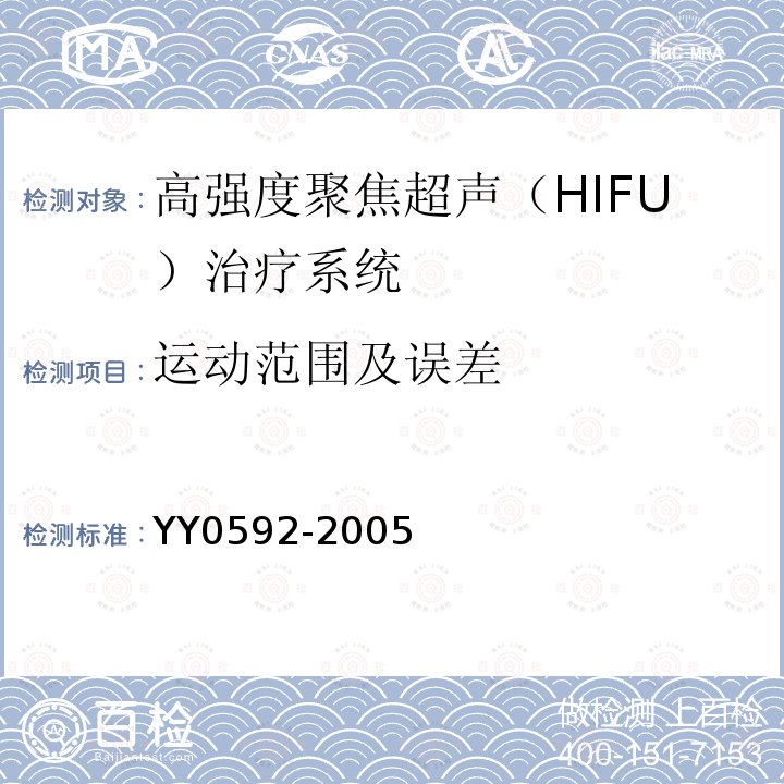 运动范围及误差 YY 0592-2005 高强度聚焦超声(HIFU)治疗系统