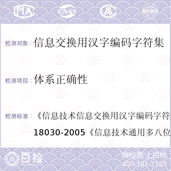 体系正确性 信息技术 信息交换用汉字编码字符集 基本集的扩充 
GB 18030-2005
 信息技术 通用多八位编码字符集(UCS) 
GB 13000-2010