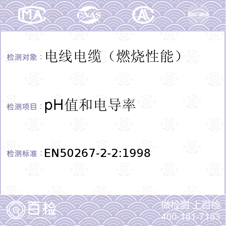pH值和电导率 EN50267-2-2:1998 取自电缆或光缆的材料燃烧时释出气体的试验方法 第2-2部分：程序—用测量pH值和导电率来测定气体的酸度
