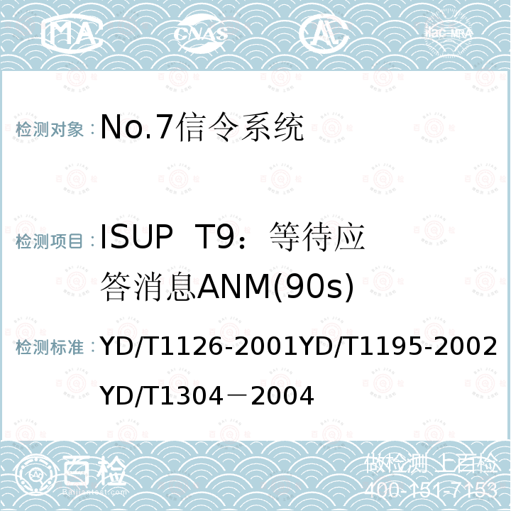 ISUP  T9：等待应答消息ANM(90s) YD/T 1126-2001 No.7信令系统测试规范-信令连接控制部分(SCCP)