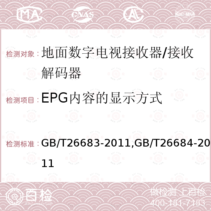 EPG内容的显示方式 地面数字电视接收器通用规范,
地面数字电视接收器测量方法