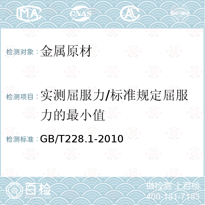 实测屈服力/标准规定屈服力的最小值 金属材料 拉伸试验 第1部分：室温试验方法