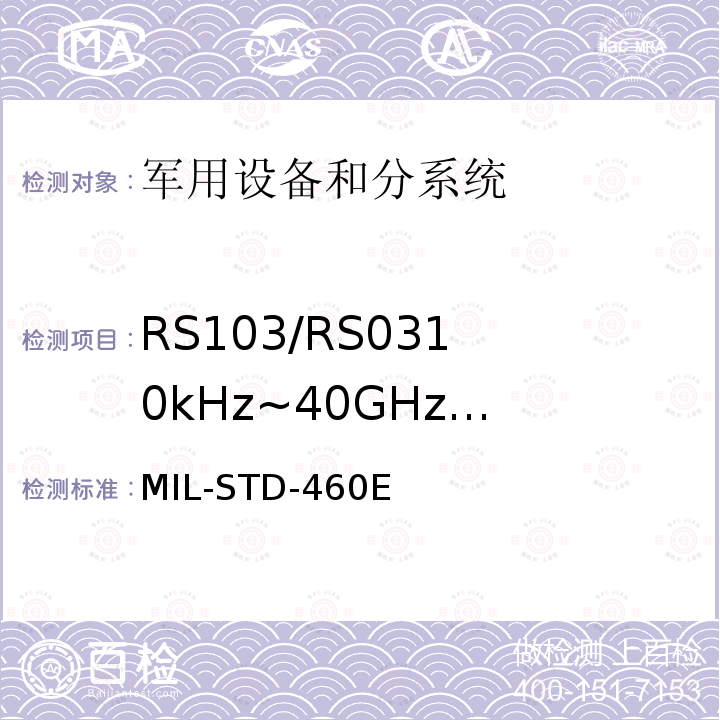 RS103/RS03
10kHz~40GHz
电场辐射敏感度 分系统和设备电磁干扰特性控制要求