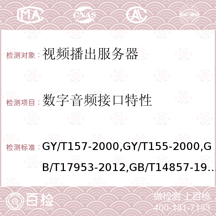 数字音频接口特性 演播室高清晰度电视数字视频信号接口 
高清晰度电视节目制作及交换用视频参数值 
标准清晰度电视4:2:2数字分量视频信号接口 
演播室数字电视编码参数规范 
演播室数字音频信号接口 
数字音频设备音频特性测量方法 
标准清晰度电视数字视频通道技术要求和测量方法
数字音频设备音频特性测量方法