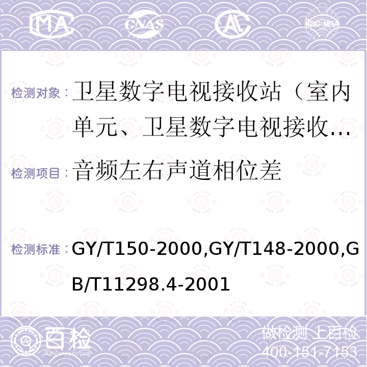 音频左右声道相位差 卫星数字电视接收站测量方法——室内单元测量,
卫星数字电视接收机技术要求,
卫星电视地球接收站测量方法室内单元测量