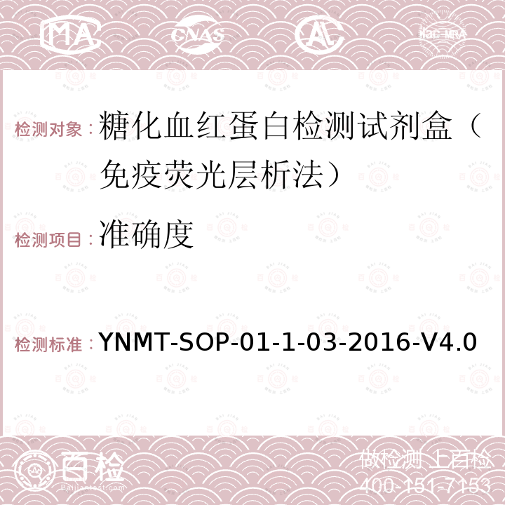 准确度 YNMT-SOP-01-1-03-2016-V4.0 糖化血红蛋白检测试剂盒（免疫荧光层析法）检验标准操作规程