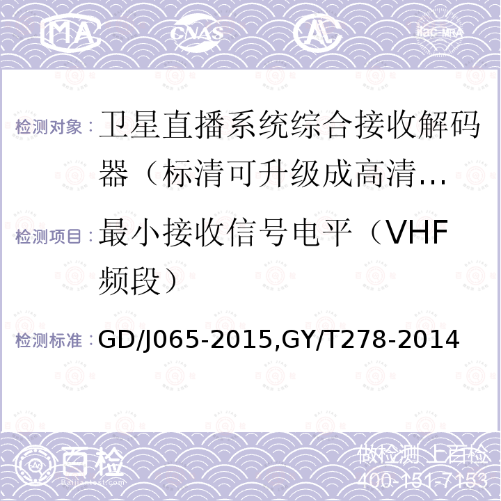 最小接收信號電平（VHF頻段） 衛星直播系統綜合接收解碼器（標清可升級成高清衛星地面雙模型）技術要求和測量方法，
衛星直播系統綜合接收解碼器（加密標清定位型）技術要求和測量方法