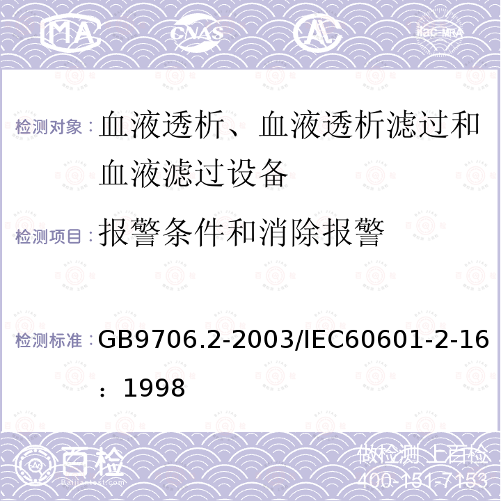 报警条件和消除报警 医用电气设备 第2-16部分：血液透析、血液透析滤过和血液滤过设备的安全专用要求