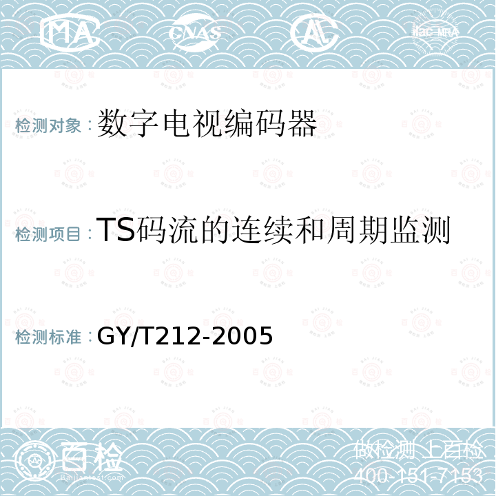 TS码流的连续和周期监测 GY/T 212-2005 标准清晰度数字电视编码器、解码器技术要求和测量方法