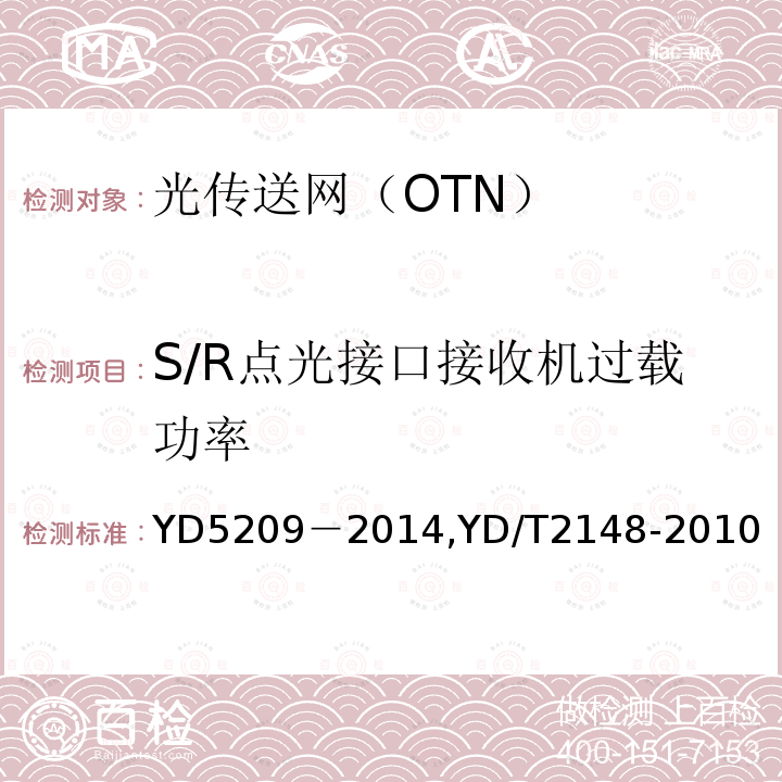 S/R点光接口接收机过载功率 YD 5209-2014 光传送网(OTN)工程验收暂行规定(附条文说明)