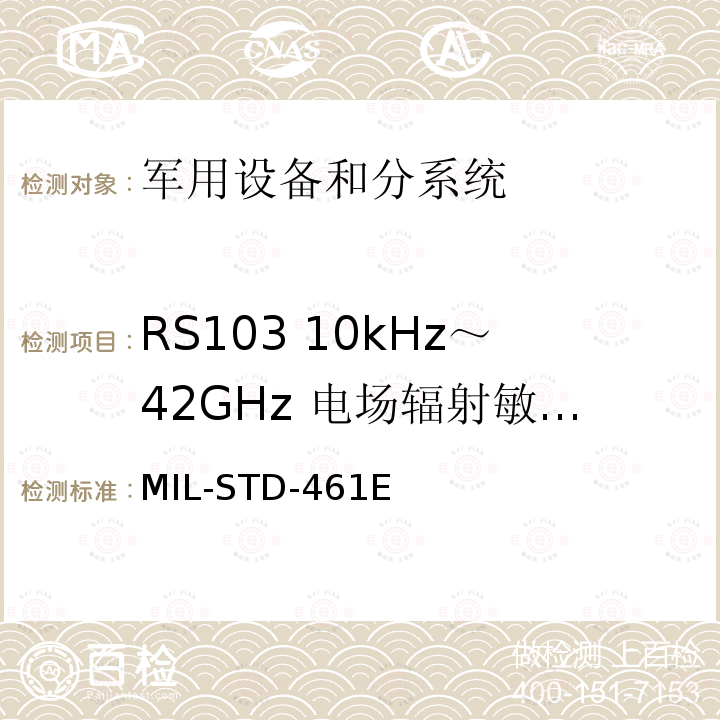 RS103 10kHz～42GHz 电场辐射敏感度 MIL-STD-461E 国防部接口标准对子系统和设备的电磁干扰特性的控制要求