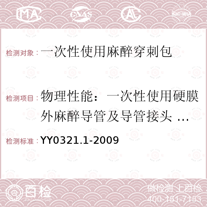 物理性能：一次性使用硬膜外麻醉导管及导管接头 显影 YY 0321.1-2009 一次性使用麻醉穿刺包