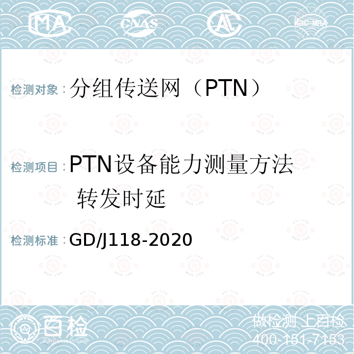 PTN设备能力测量方法  转发时延 GD/J118-2020 分组传送网（PTN）设备技术要求和测量方法
