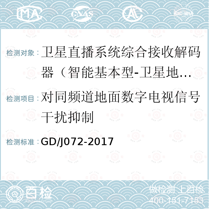 對同頻道地面數字電視信號干擾抑制 衛星直播系統綜合接收解碼器（智能基本型-衛星地面雙模）技術要求和測量方法