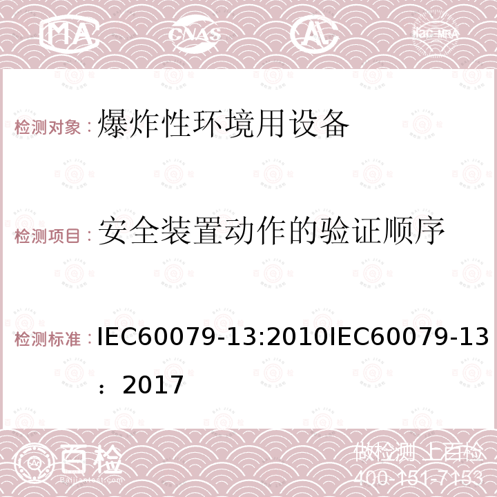 安全装置动作的验证顺序 IEC 60079-13-2010 爆炸性气体环境 第13部分:用增压室“p”保护设备