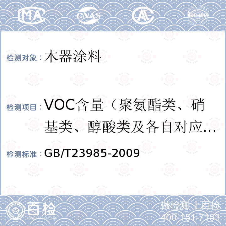 VOC含量（聚氨酯类、硝基类、醇酸类及各自对应腻子的溶剂型涂料） GB/T 23985-2009 色漆和清漆 挥发性有机化合物(VOC)含量的测定 差值法