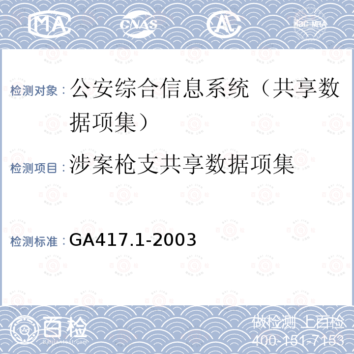 涉案枪支共享数据项集 GA 417.1-2003 公安综合信息系统规范 第1部分:共享数据项集