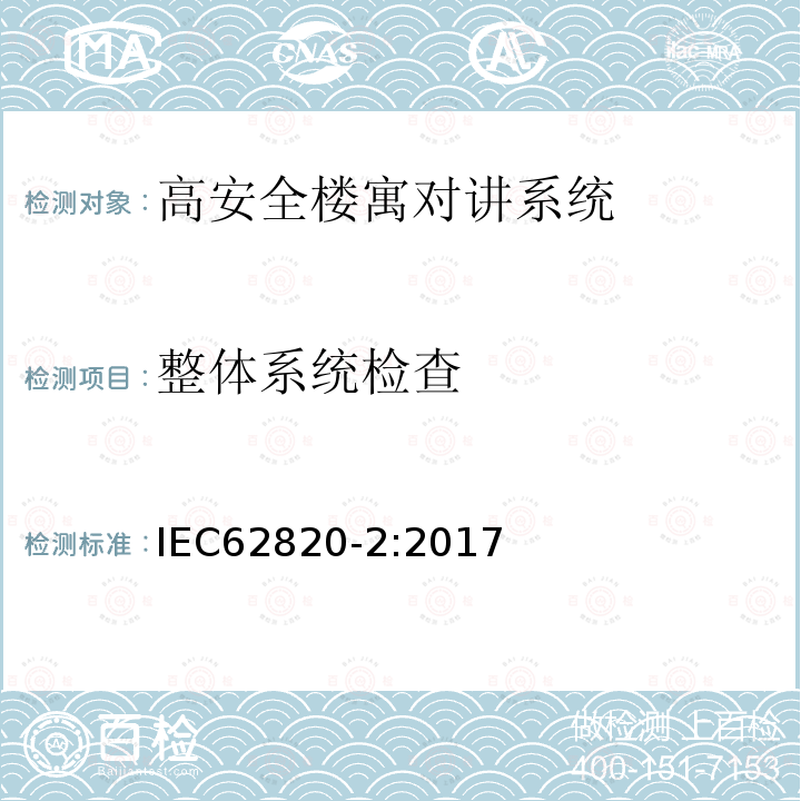 整体系统检查 IEC 62820-2-2017 构建内部通信系统 第2部分:高级安全建筑对讲系统的要求