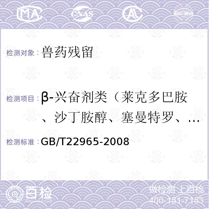 β-兴奋剂类（莱克多巴胺、沙丁胺醇、塞曼特罗、克仑潘特、克仑特罗、溴布特罗、妥布特罗、马布特罗、特布他林、利托君、苯氧丙酚胺、羟甲基氨克仑特罗） GB/T 22965-2008 牛奶和奶粉中12种β-兴奋剂残留量的测定 液相色谱-串联质谱法