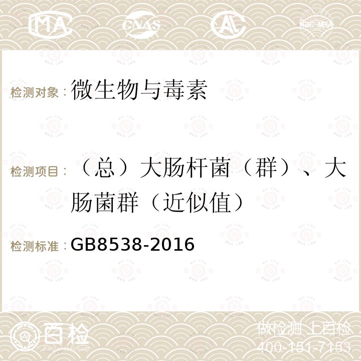 （总）大肠杆菌（群）、大肠菌群（近似值） GB 8538-2016 食品安全国家标准 饮用天然矿泉水检验方法