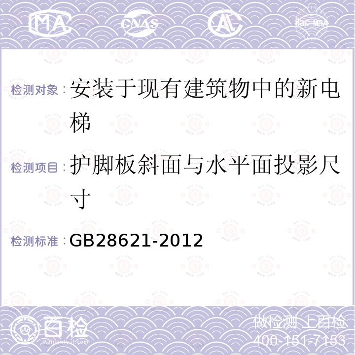 护脚板斜面与水平面投影尺寸 GB/T 28621-2012 【强改推】安装于现有建筑物中的新电梯制造与安装安全规范