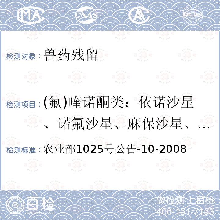 (氟)喹诺酮类：依诺沙星、诺氟沙星、麻保沙星、氟罗沙星、环丙沙星、氧氟沙星、单诺沙星、恩诺沙星、奥比沙星、沙拉沙星、斯帕沙星、双氟沙星 、噁喹酸、氟罗沙星、氟甲喹 动物性食品中替米考星残留检测高效液相色谱法