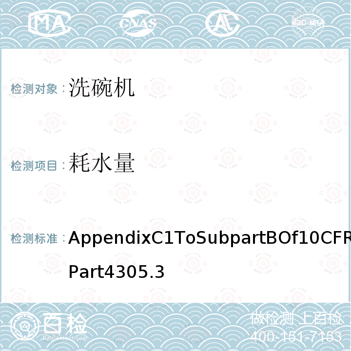 耗水量 AppendixC1ToSubpartBOf10CFRPart4305.3 洗碗机能耗测试统一试验方法