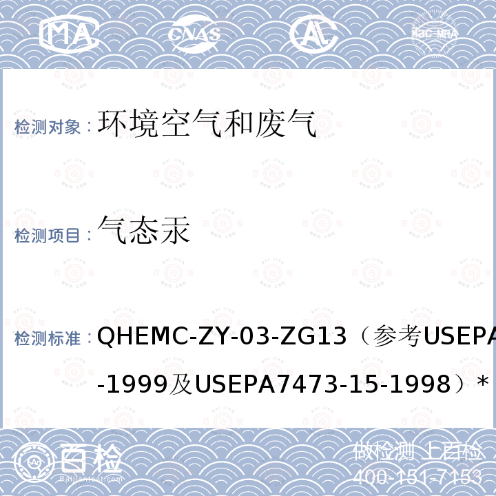 气态汞 QHEMC-ZY-03-ZG13（参考USEPA30B-1999
及USEPA7473-15-1998）* 烟道气中气态总汞的测定吸附采样-直接热解分析-原子吸收光谱法
